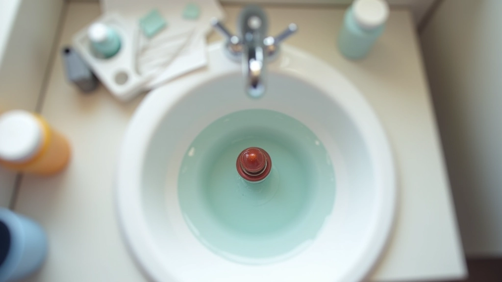 Tuyau bouché montrant l'accumulation de débris, déboucheur à ventouse à proximité, surface de salle de bain