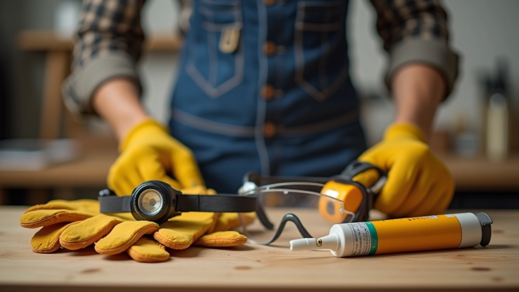 Équipement de sécurité bricolage : gants de travail, lunettes de protection, lampe frontale et tube de mastic