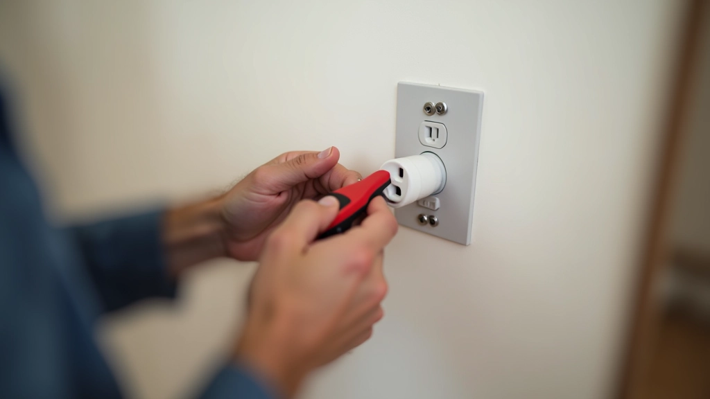 Électricien changeant une prise murale, testeur électrique en main, tableau électrique visible en arrière-plan