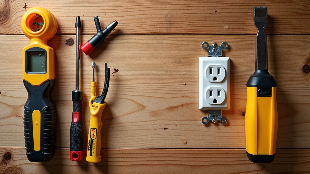 Outils de bricolage électrique étalés sur établi : tournevis, testeur de prise, pince à dénuder et nouvelle prise NF