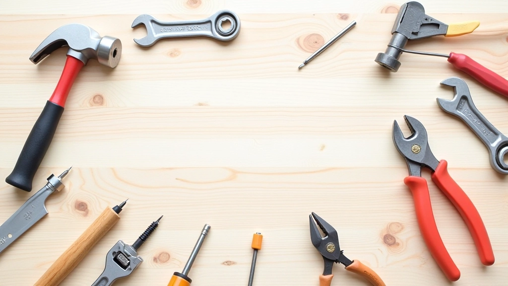 Assortiment d'outils à main incluant tournevisset, marteau, pinces et clés organisés sur surface en bois clair