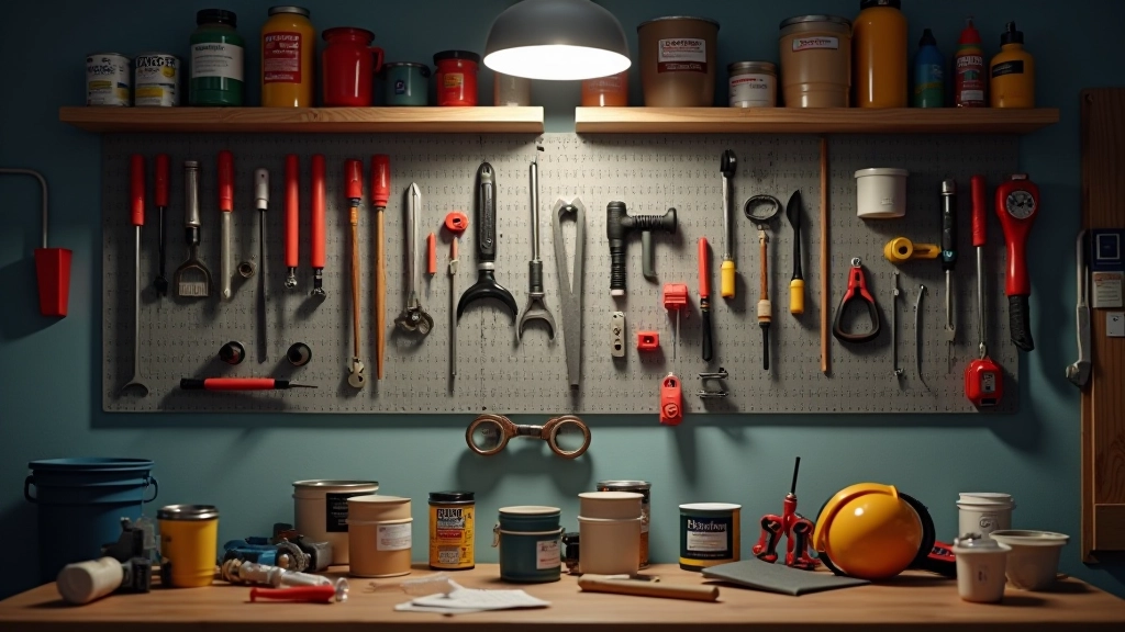 Atelier d'outils de bricolage bien organisé avec équipement de sécurité et matériaux de réparation