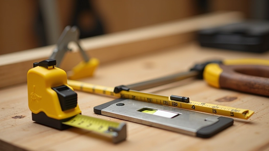 Outils de mesure et de traçage : mètre ruban, niveau à bulle, équerre et crayon sur établi