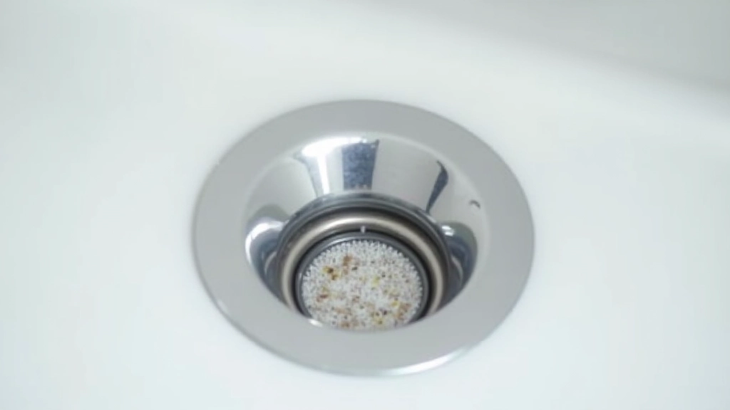 Piège à cheveux en maille fine placé dans drain de douche, cheveux visibles dans le filtre, surface chromée