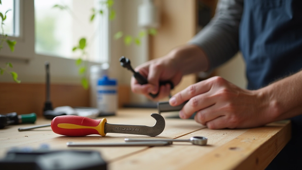 Appartement moderne avec outils de bricolage, mains tenant une clé et un tournevis sur un plan de travail bien organisé