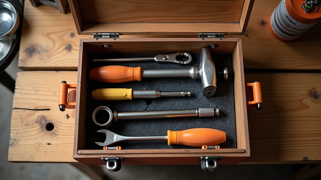 Boîte à outils ouverte sur établi en bois avec tournevis, clés et autres outils de bricolage essentiels