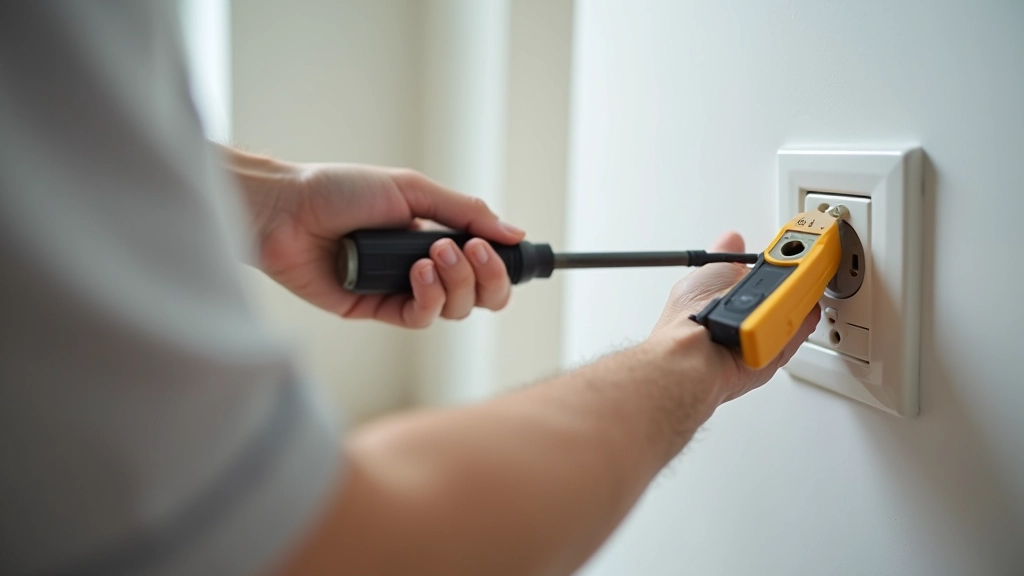 Personne changeant une prise électrique avec un tournevis, testeur électrique en main, environnement d'appartement moderne bien éclairé