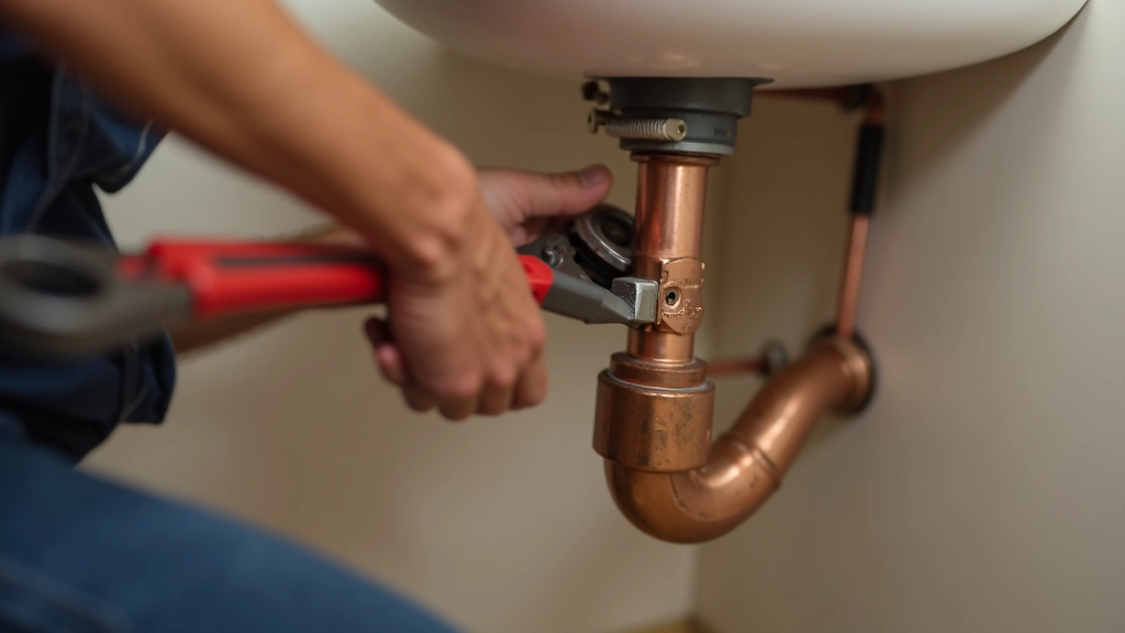 Plombier en train de remplacer un joint sous un évier, outils et pièces détachées visibles sur le plan de travail