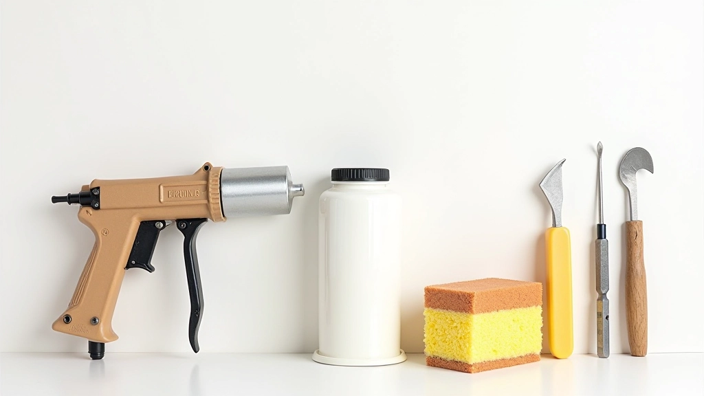 Ensemble d'outils pour remplacer les joints de plomberie disposés sur une surface de travail: pistolet à calfeutrer, cutter, couteau à mastic, éponge