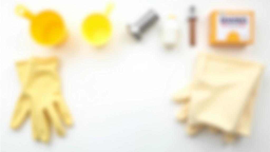 Ensemble d'outils de débouchage : ventouse, furet, seau d'eau, gants caoutchouc, vinaigre et bicarbonate sur surface de travail